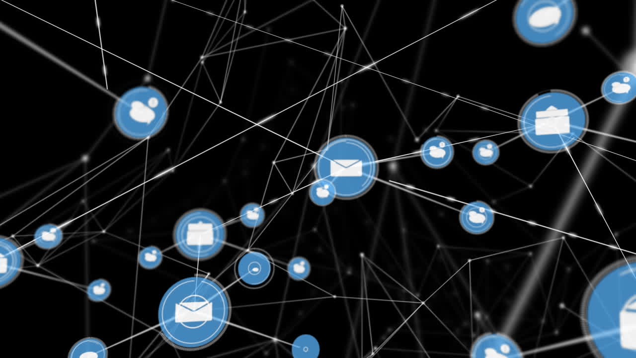 Animation of network of connections and digital icons against black background