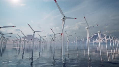 Offshore-Windturbinenpark,-Windturbinenpark-Im-Meer,-Mit-Schneebedeckten-Bergen-Im-Hintergrund,-3D-Animation,-Animierte-Szene,-Kamerawagen-Rückwärts