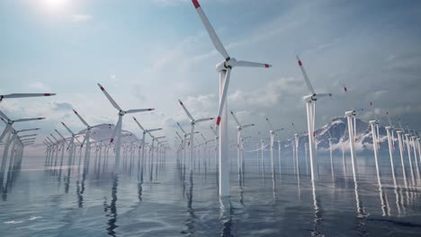 offshore wind turbines farm, wind turbines farm in the sea, with snowy mountains in the background, 3d animation, animated scene, camera dolly backwards