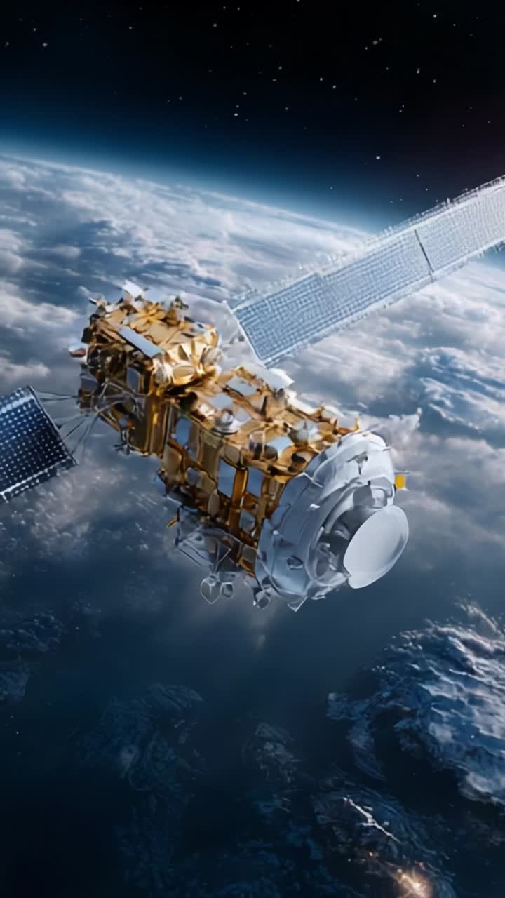 Fantastisk billede af en højteknologisk satellit i kredsløb om Jorden, der viser avanceret design og rumforskningens skønhed