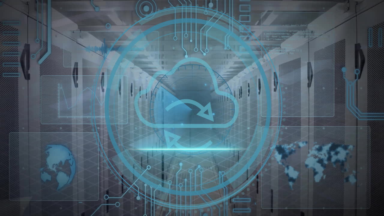 animación del alcance con icono de nube y procesamiento de datos a través de servidores informáticos