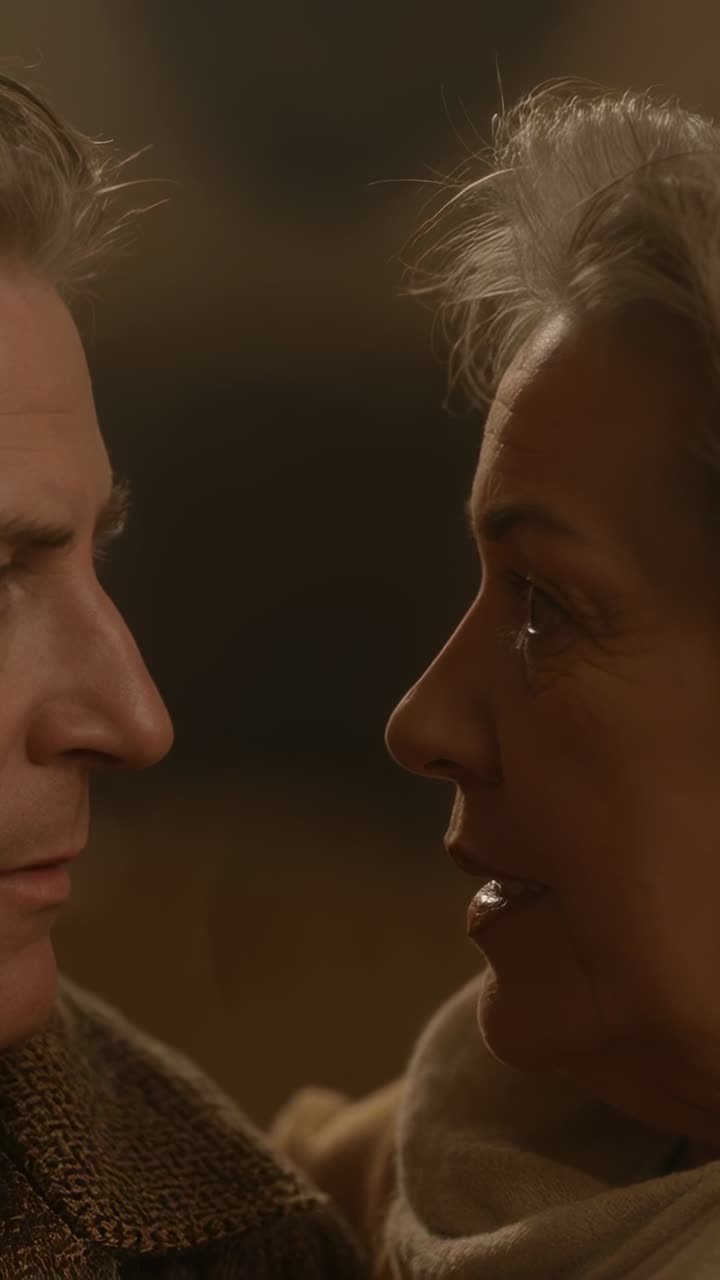 Video verticale: Uomo anziano che parla condividendo sentimenti in una stanza calda, donna che si commuove, cappotto e sciarpa.