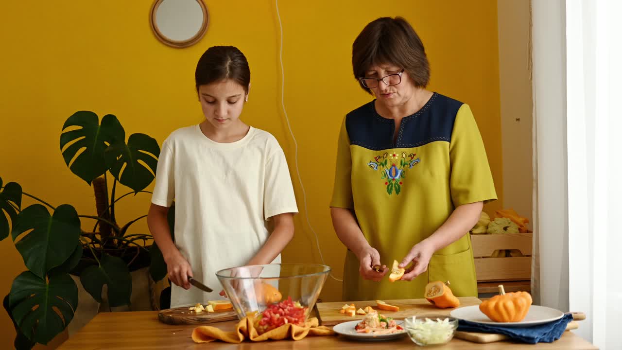 mujer madura enseñando a su nieta a cortar verduras