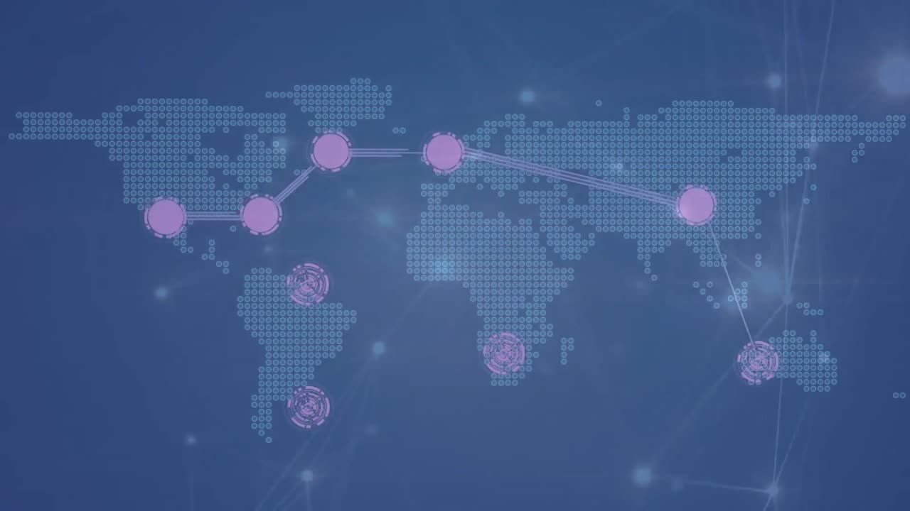 세계 지도를 가로지르는 연결 네트워크의 애니메이션