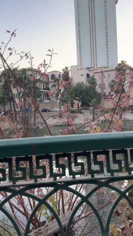 a view of buildings overlooking on canal, close up shot, trucking shot