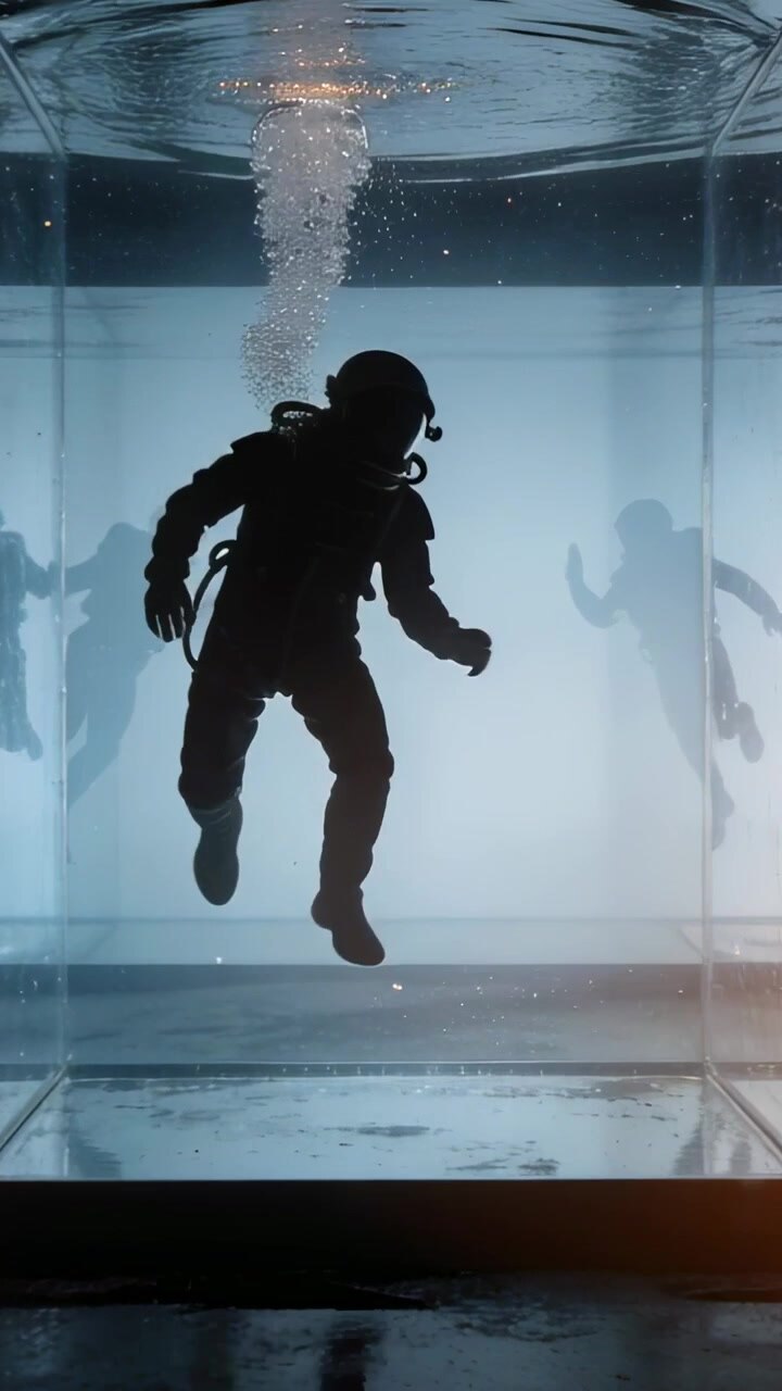 Vertical video: Hovering diver in diving suit with tank exhaling, touching glass in lab tank