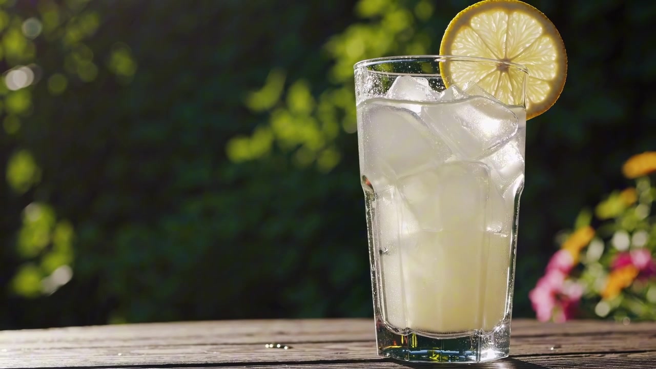 Forfriskende glas limonade med is og citronskive på et solrigt udendørs bord