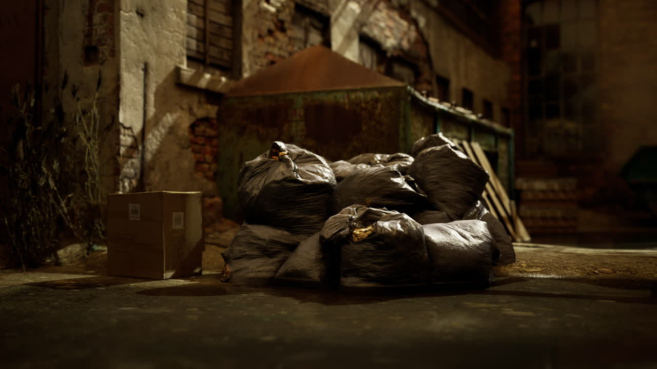 Piles of black garbage bags in an urban alleyway during nighttime