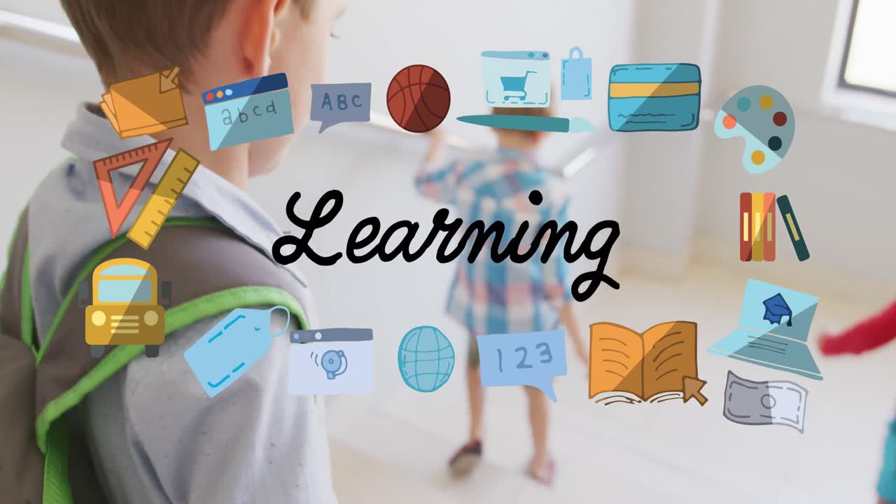 Animation of learning text with school items icons over diverse schoolchildren