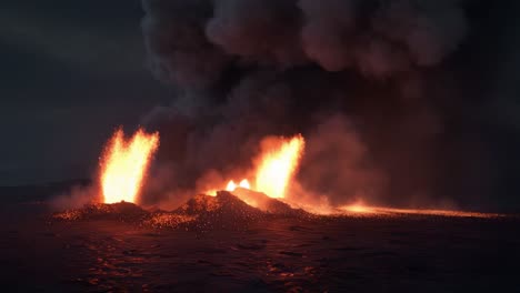 Dramatic Eruption: A Stunning Visual of Fiery Lava Fountains and Volcanic Ash Plumes Erupting from an Underwater Volcano During a Nighttime Spectacle