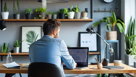 man working from home in a well-decorated office