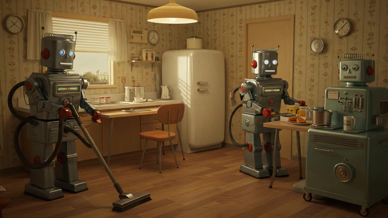 Two Friendly Robots Engaged in Household Chores in a Vintage Kitchen Setting, Showcasing Futuristic Technology and Domestic Life in a Whimsical Environment