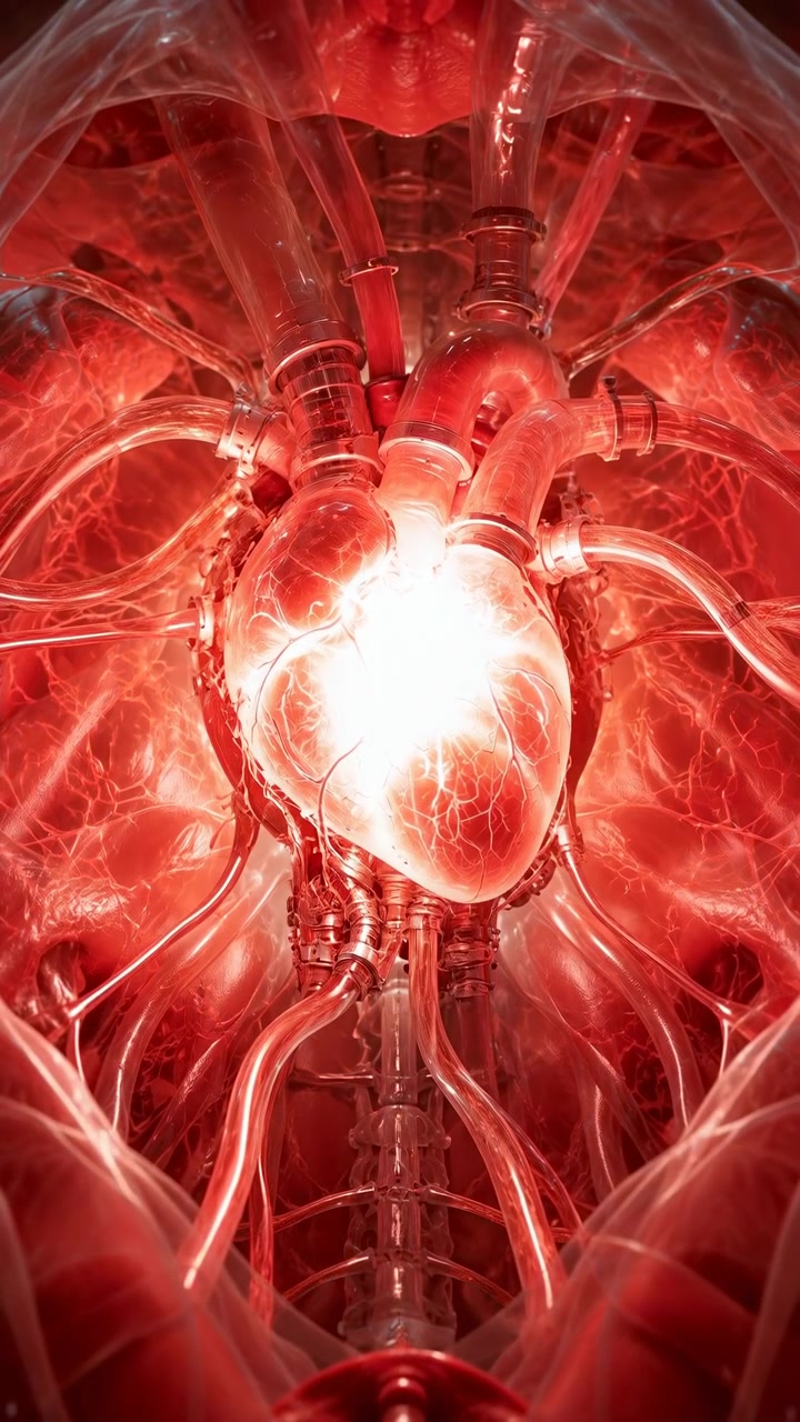 Bright illumination rises and fades through the central heart while translucent vessels and tubular structures remain densely layered around it, creating a detailed red internal anatomy view.