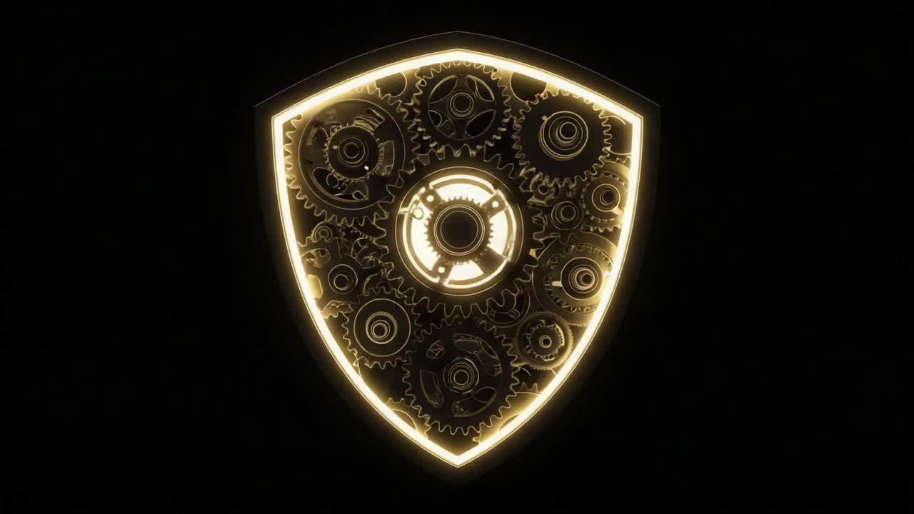 A Stunning Display of Mechanisms: An Intricate Shield Design Featuring Interconnected Gears Illuminated with a Captivating Glow against a Dark Background