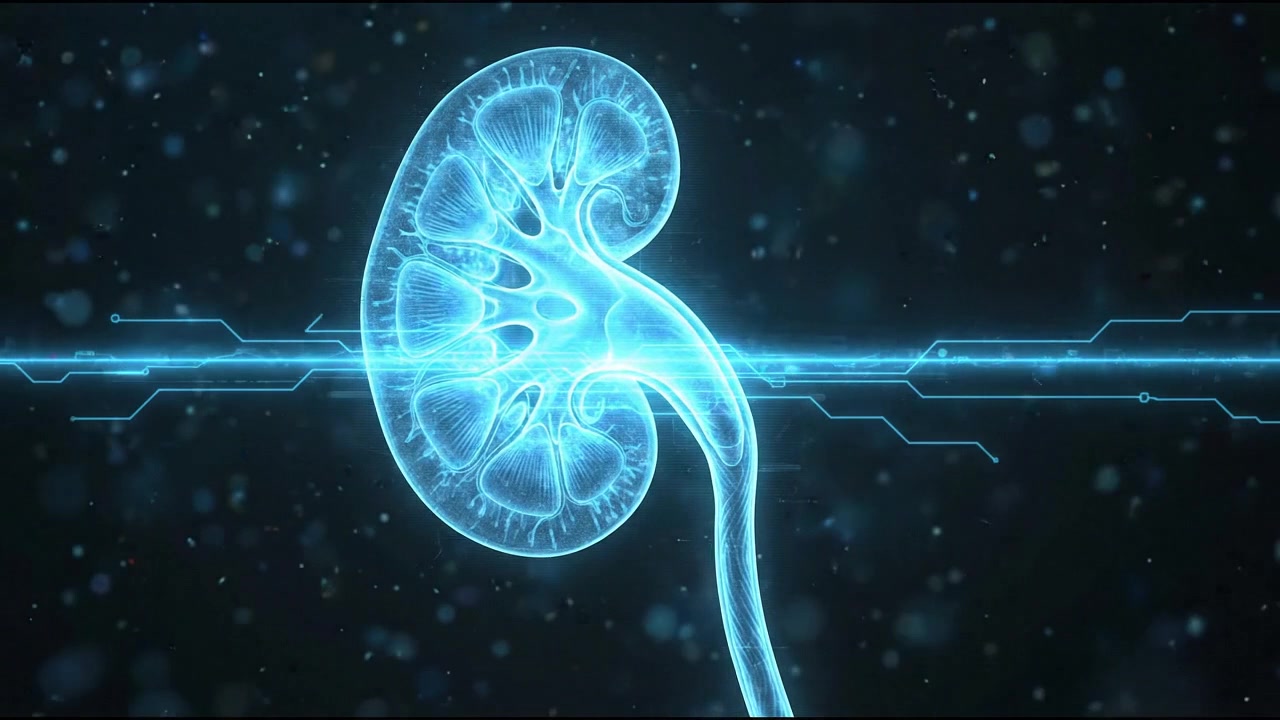 Single glowing blue 3D human kidney organ with ureter
