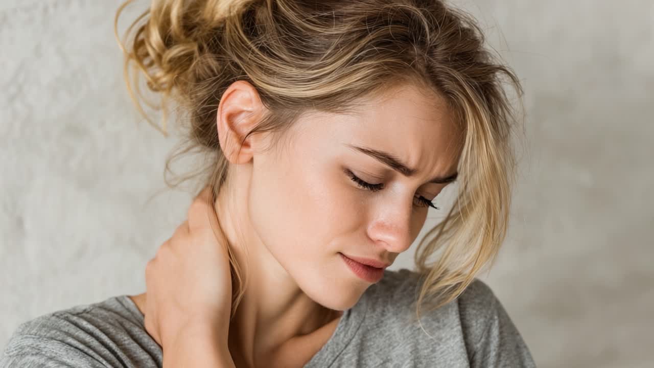 Una giovane donna prova disagio e tensione al collo mentre è immersa nei pensieri, raffigurando gli effetti dello stress e del carico emotivo in un ambiente sereno