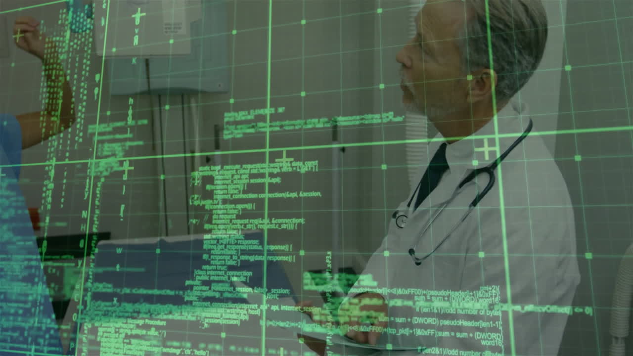 Doctor examining female patient in hospital room, displaying green code grid and medical data icons