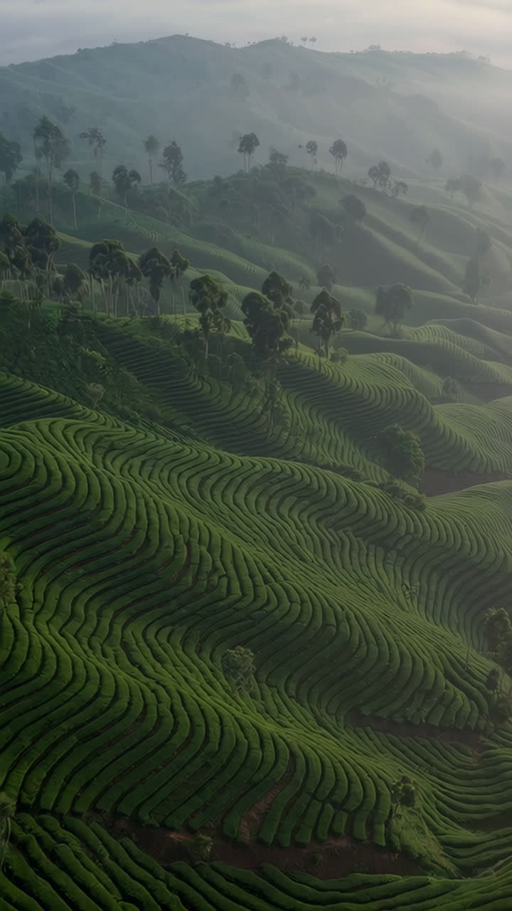 Mattina nebbiosa su una piantagione di tè