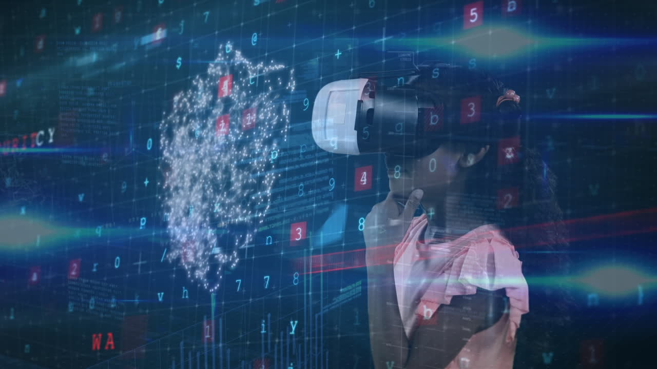 animación de procesamiento de datos digitales sobre la niña usando auriculares vr