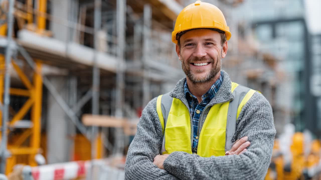 A confident construction worker stands proudly at a busy construction site, showcasing skills and professionalism while wearing a hard hat and safety gear, embodying teamwork and dedication