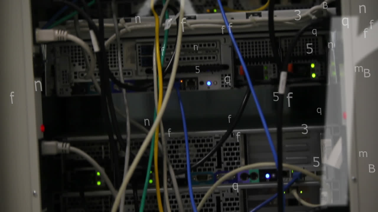 animación de primer plano del servidor de computadora con números y letras cambiantes