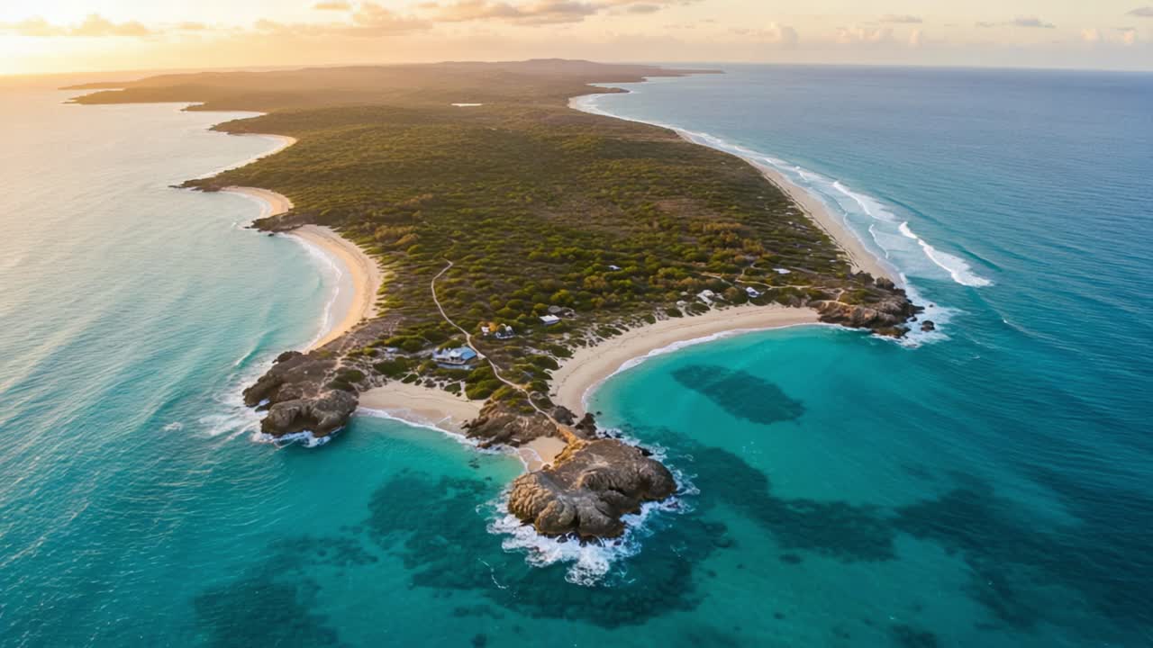 Aerial View of a Serene Coastal Landscape Showcasing the Tranquil Beauty of a Remote Island Surrounded by Clear Turquoise Waters and Lush Greenery Under the Soft Glow of Sunset