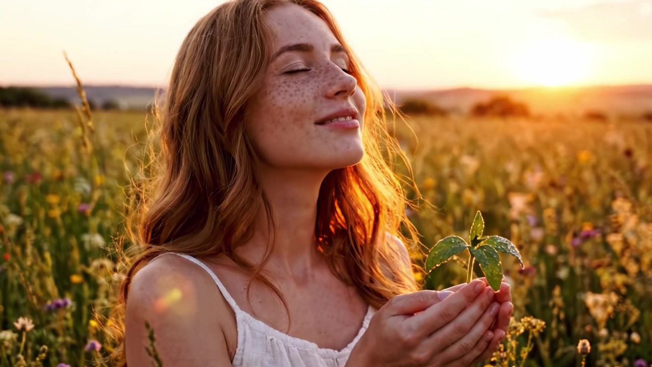 Catturando l'Essenza della Natura: Una Giovane Donna Abbraccia una Nuova Piantina in un Campo Vibrante al Tramonto, Simboleggiando Crescita e Connessione Ambientale