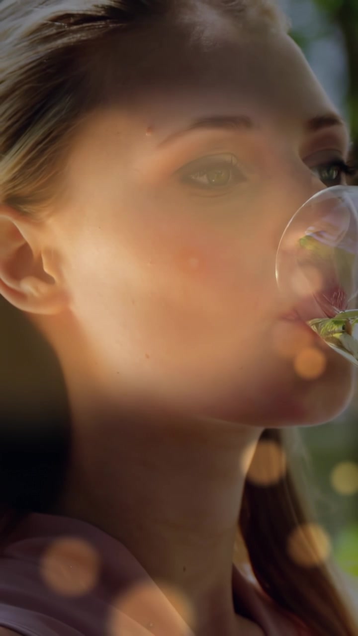 Video verticale: Modella che porta un bicchiere con guarnizione alle labbra, assaggiando, con sfocatura bokeh dinamica, pubblicità per l'ospitalità.