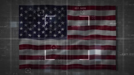 Multiple-changing-numbers-and-square-scope-scanning-over-waving-us-flag-against-grey-background