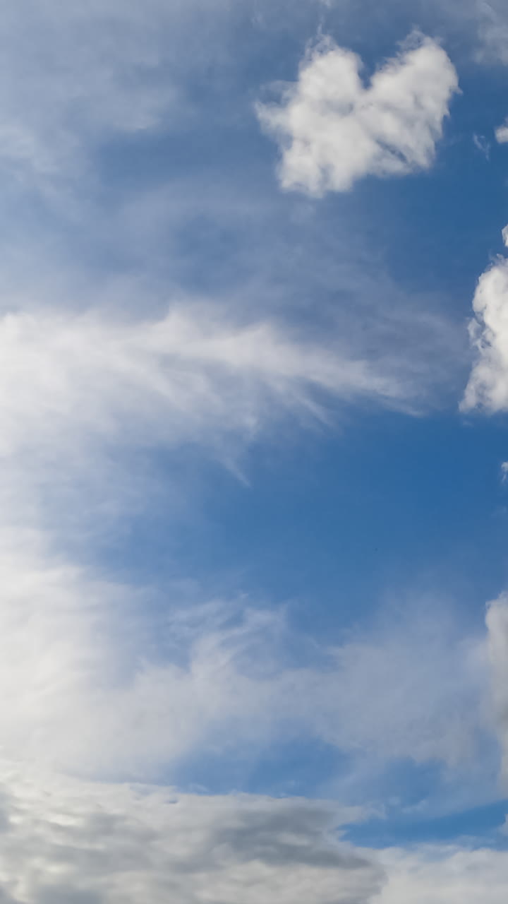 White soft clouds moving quickly by the horizon. Cloudscape formation low angle view. Timelapse. Vertical video