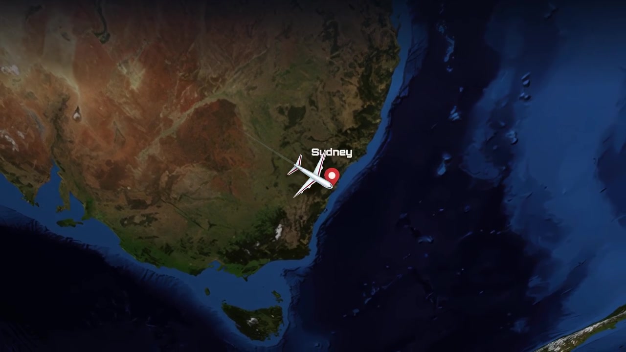 Satellite map animation tracks a commercial airplane flying from Bangkok, Thailand to Sydney, Australia