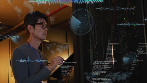 asian male engineer notes data processing in server room animation.