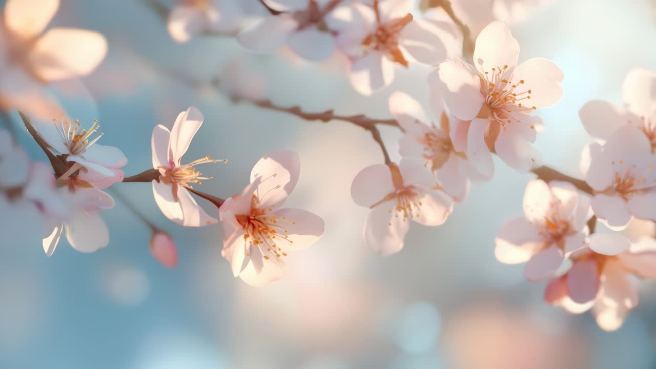Soft-focus close-up of cherry blossoms in gentle sunlight, capturing a serene and dreamy atmosphere
