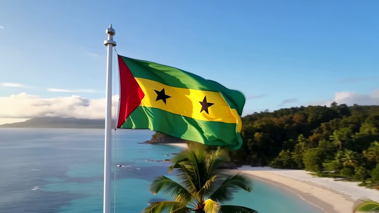 Bandiera nazionale che sventola su un'asta bianca, muovendosi con le raffiche di vento su una spiaggia tropicale con palme.