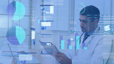 animation of statistical data processing over biracial male doctor using digital tablet at hospital