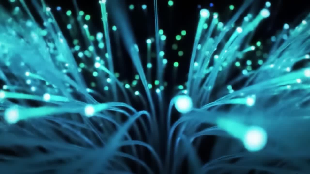 In a dark environment, colorful light beams radiate from fiber optic cables, showcasing intricate patterns and illuminating the surroundings.