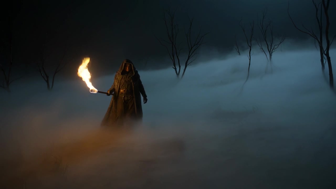 Flickering torch revealing cloaked figure stepping through fog on plain at night, illuminating path