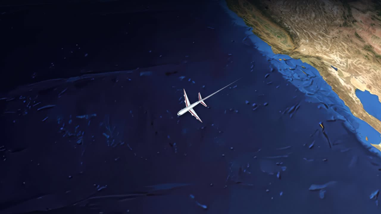 Satellitbillede-animation følger et passagerfly, der flyver fra Denver over Stillehavet til Sydney.