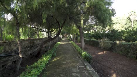 long stone path illuminated with sun rays leading towards exit in san anton gardens