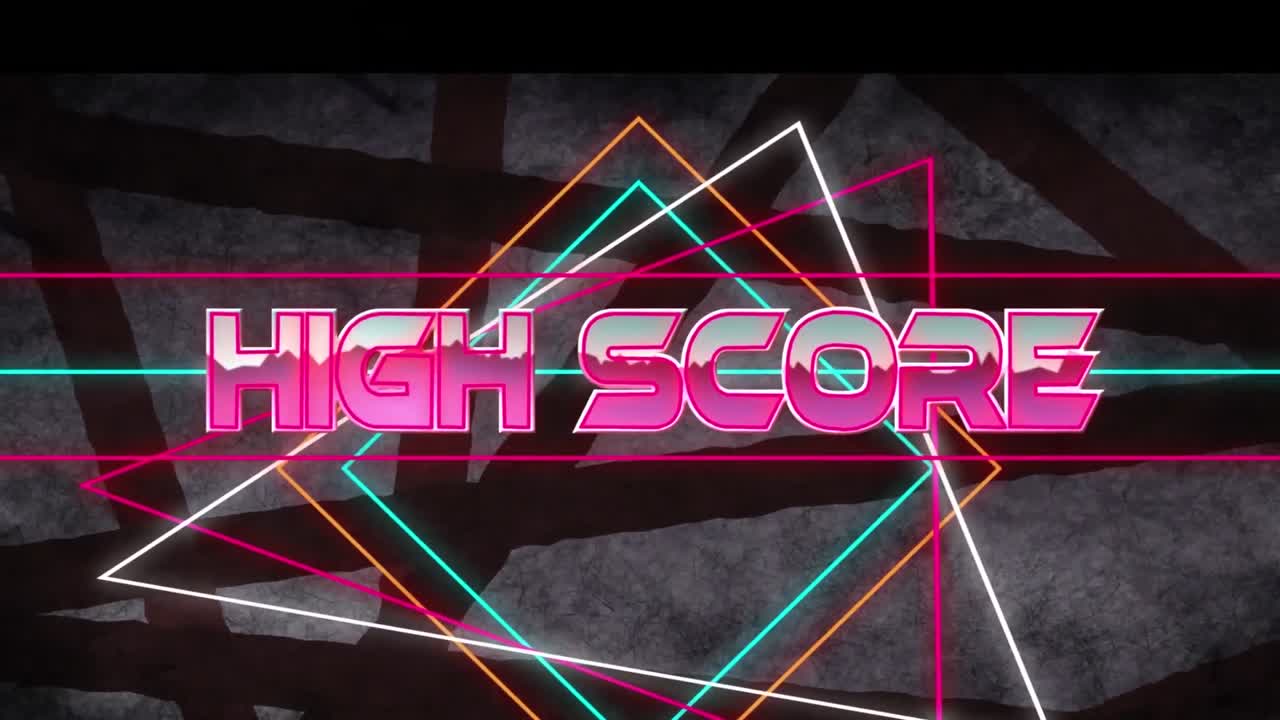 어두운 배경에 다채로운 기하학적 모양 위에 높은 점수 텍스트의 애니메이션