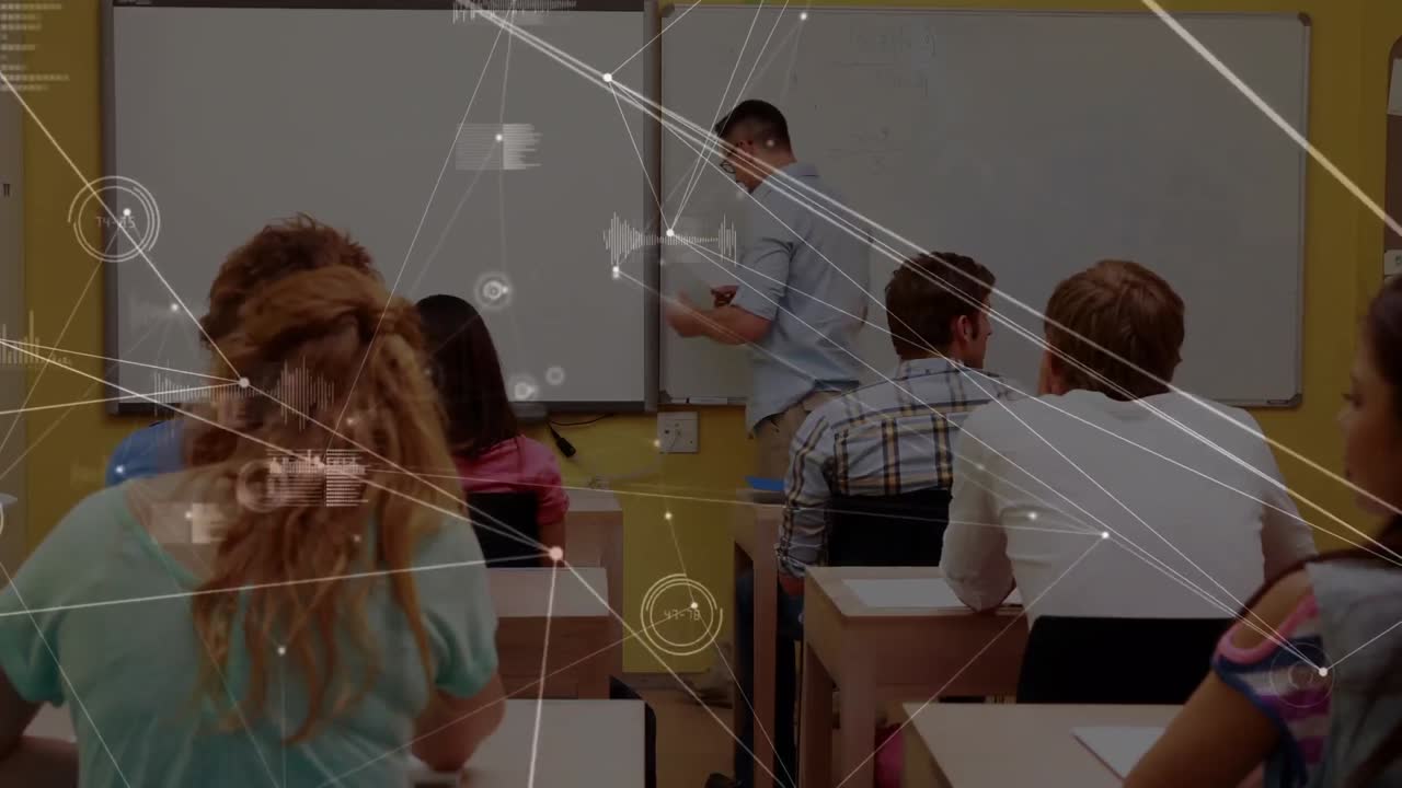 animación de conexiones entre el maestro masculino caucásico y la clase de alumnos diversos