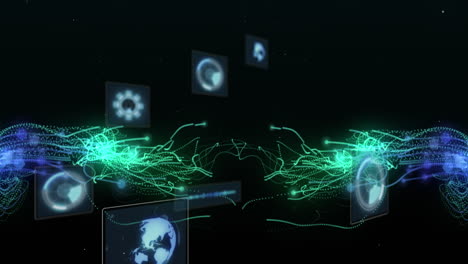 animación de conexiones, ámbitos y procesamiento de datos en fondo oscuro.