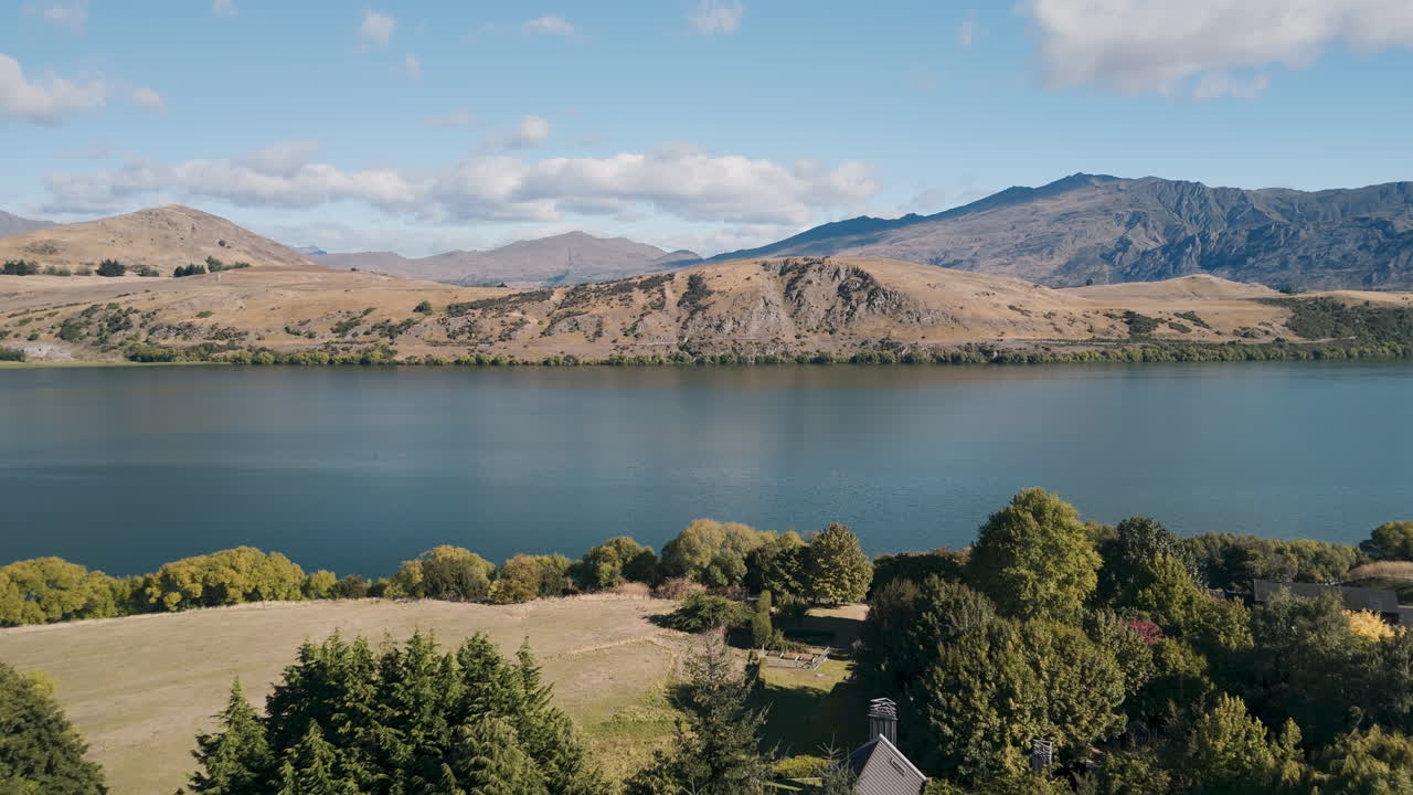Aerial View of a Scenic Lake and Mountains