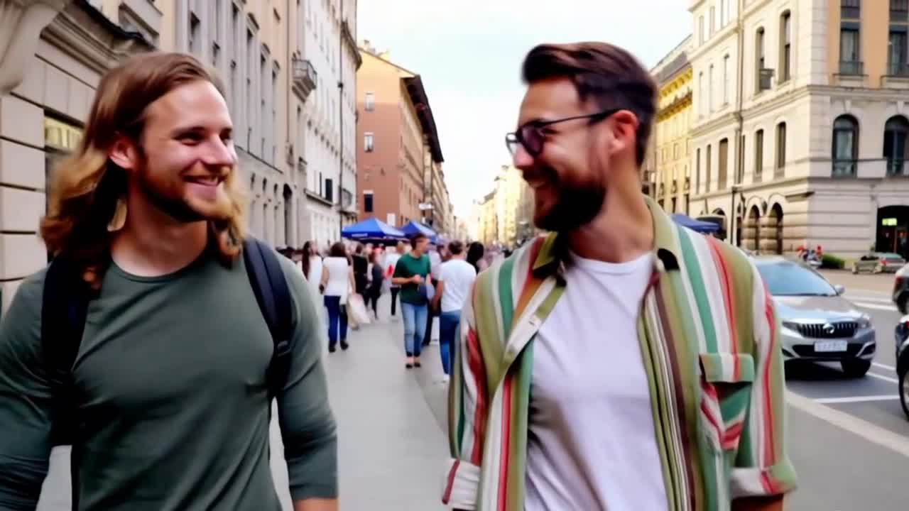 Two men walking down a street with a crowd of people around them