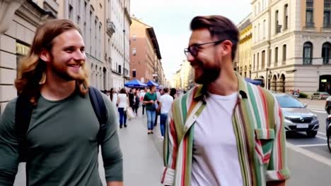 two men walking down a street with a crowd of people around them