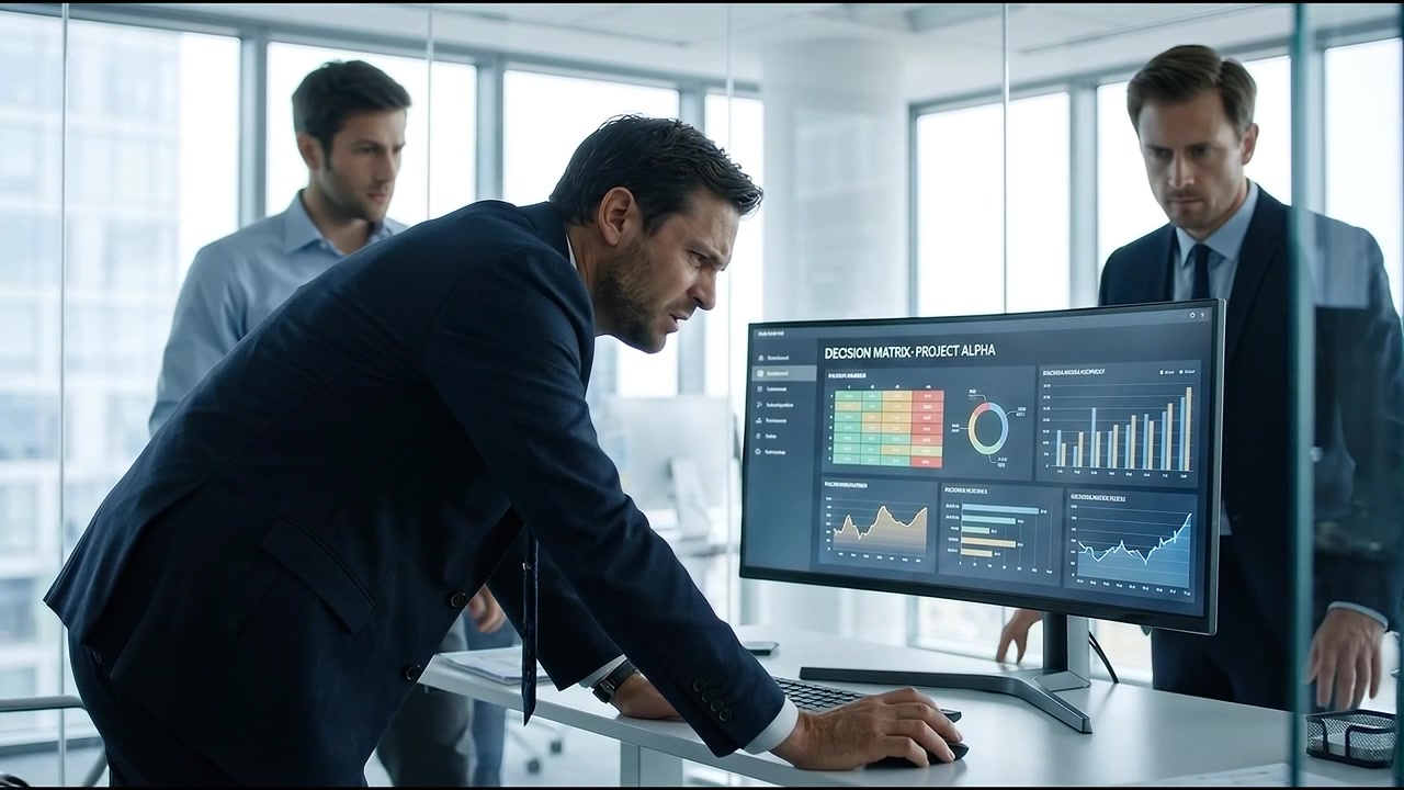 Stressed Businessman Analyzing Data on Computer Screen in Office