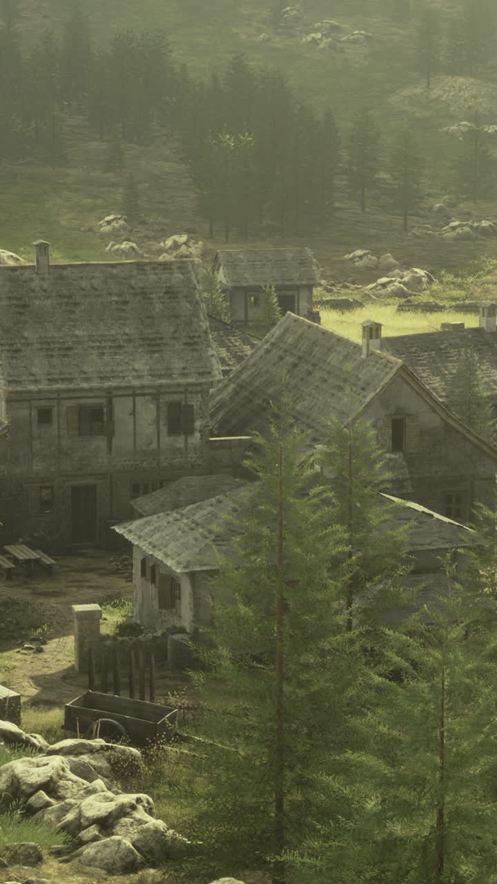 Scenic village amidst lush hills and rocky terrain at dawns gentle light