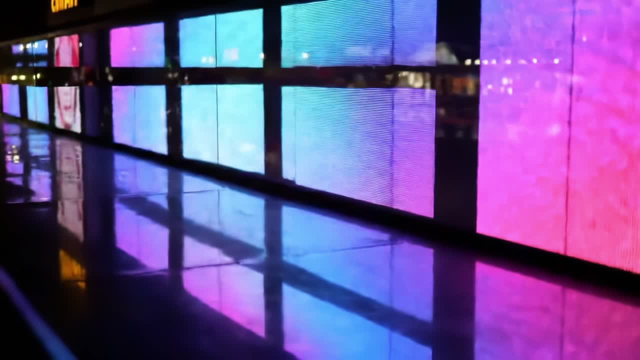 Vibrant Visuals: A Stunning Display of Colorful Digital Screens and Their Reflections in the Urban Nightscape, Capturing the Essence of Modern Technology and Artistry