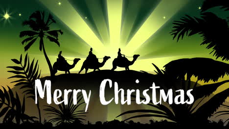 animation of merry christmas text over three wise men on green background