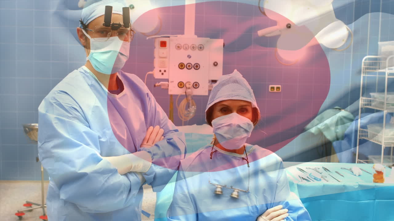 수술실 에서 외과 의사 들 위 에 흔들리는 일본 국기 의 애니메이션